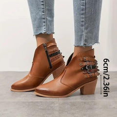 Women's V Cut Out Stacked Heel Retro Ankle Boots with Belt Buckle Side Zipper Block Low Heel Pointed Toe Goth Punk Boot Women Chunky Heels Fall Winter Leather Short Booties Shoes