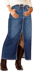 Flamingals Straigh High Rise Vintage Split Back Contrast Stitch Detail Denim Skirt
