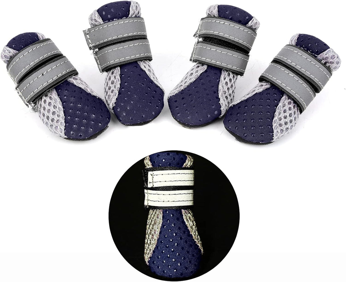 Ranphy Breathable Mesh Dog Boots, Pet Walking Shoes, Reflective Paw Protector with Anti-Slip Sole Sneaker for Hot Pavement Summer for Small Dogs 4 Pack (XL, Blue)