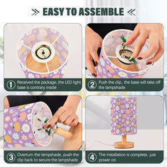 Cute Pumpkins Flowers Stars Bedside Table Lamp Small Desk Lamps Linen Fabric Shade Decorative Nightstand Lamp LED with USB Port Wood Base for Bedroom Living Room