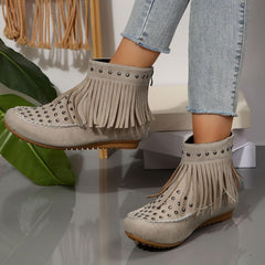 Cowboy Boots for Women Fringe Tassel Studded Back Zipper Flat Ankle Boots Fashion Round Toe Wide Width Non-Slip Booties