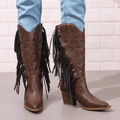 Women Cowboy Boots Mid Calf High Cowgirl Boots With Fringe Wide Calf Riding Cowgirl Cowboy Boots