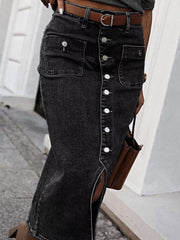 Flamingals Straight High Rise Vintage Embroidered Botton Fly Split Thigh Midi Denim Skirt