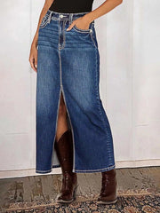 Flamingals Straigh High Rise Vintage Split Back Contrast Stitch Detail Denim Skirt