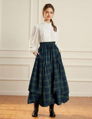 Women Plaid Skirt High Waist A Line Tiered Long Skirt with Pockets
