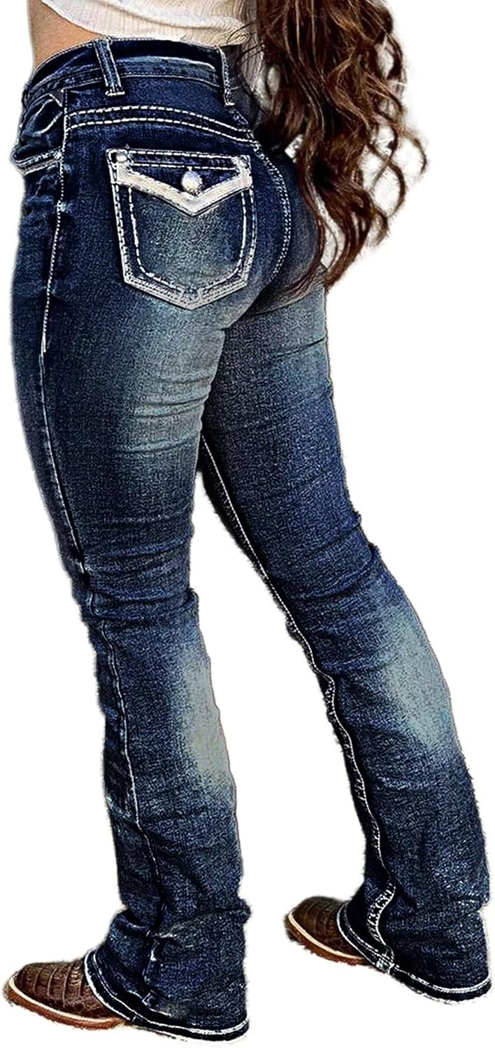 Flamingals Boot Cut Jeans for Women Trendy Stretch Jeans Butt Lifting Tummy Control Denim Pants Sea Blue 2XL