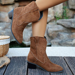Women's Western Cowboy Cowgirl Embroidered Ankle Boots Fashion Low Chunky Heel Pointed Toe Fall Winter Short Booties Shoes Comfortable Pull On Country Boots Classic Wide Calf Booties