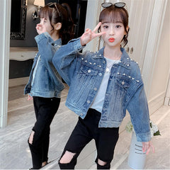 Yiqinyuan Gilrs Denim Jacket Pearls Girl Coats Kids Spring Autumn Outerwear for Children Casual Style Clothes