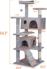 54-inch Cat Tree with Sisal-Covered Scratching Posts, Sturdy Standing Cat Tower for Indoor Kittens, Multi-Level Platforms, Perches, Condo and Hanging Ball for Cats to Play and Sleep