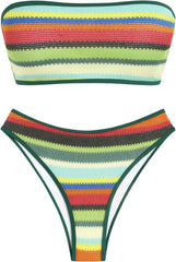 ZAFUL Women Strapless Textured Bandeau Bikini 2 Piece Swimwear Cheeky Solid Lace up Bathing Suits