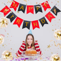 Glitter Red and Black Happy Birthday Banner with Balloon Funny Happy Birthday Sign for Women Shiny Birthday Decoration for Backdrop Wall Hanging Birthday Banners Flag HB Party Supplies