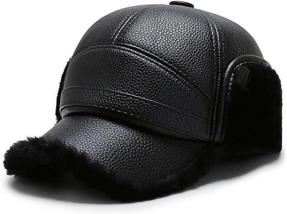 Winter Leather Baseball Cap,Adjustable Men's Hat with Earflap,Winter Warm Men Soft Hunting Hat (Black)
