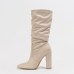 Knee High Boots Women 2025 Women's Chunky High Heels Side Zipper Pointed Toe Dress Suede Tall Boots Slouchy Fashion Womens Shoes