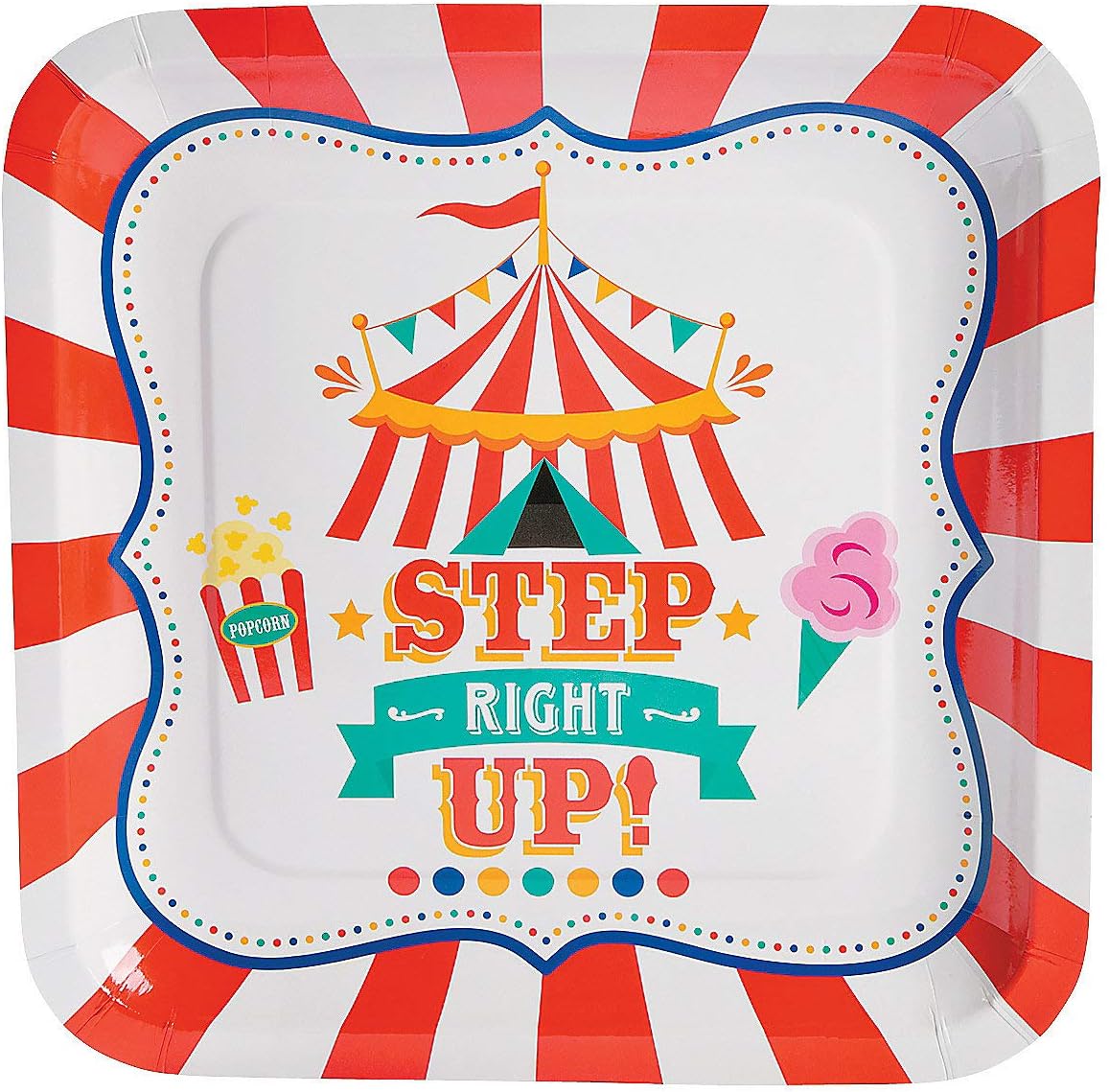 Fun Express Step Right Up Carnival Party Square Paper Dinner Plates - Carnival Themed Disposable Dessert Paper Plates - Decorations Tableware for Birthday Baby Shower - Party Supplies - 8 Pieces