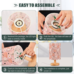 Flowers Stars Pumpkins Bedside Table Lamp Small Desk Lamps Linen Fabric Shade Decorative Nightstand Lamp LED with USB Port Wood Base for Bedroom Living Room