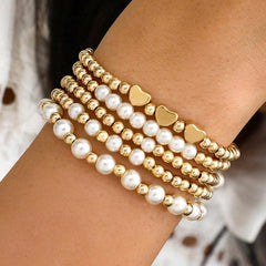 Gold Beaded Bracelet Set for Women Chunky Stretch Paperclip Cross Stack Non Tarnish