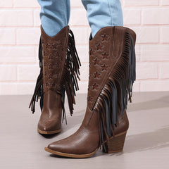 Women Cowboy Boots Mid Calf High Cowgirl Boots With Fringe Wide Calf Riding Cowgirl Cowboy Boots
