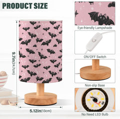 Pink Bat Silhouettes Bedside Table Lamp Small Desk Lamps Linen Fabric Shade Decorative Nightstand Lamp LED with USB Port Wood Base for Bedroom Living Room
