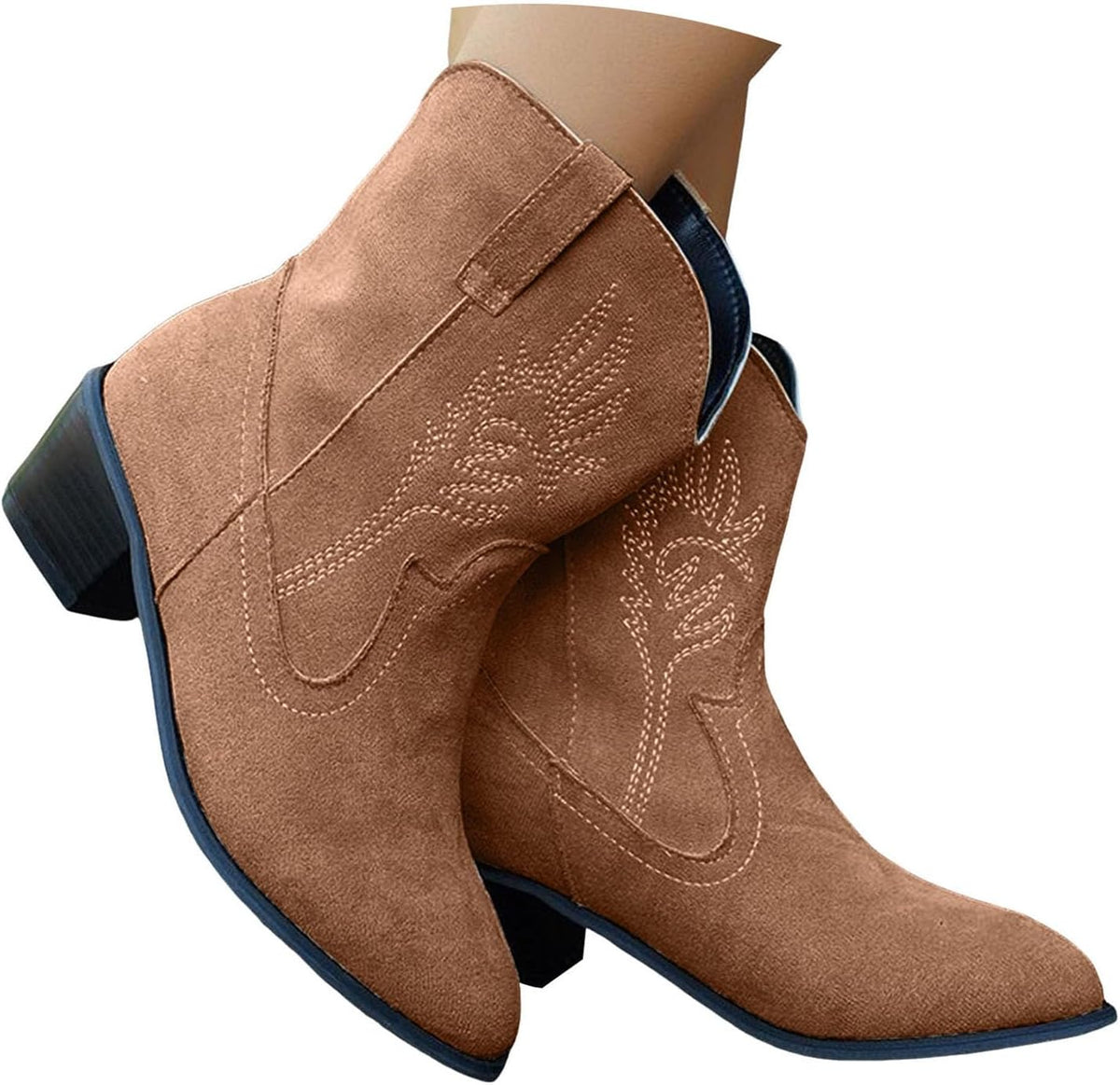 Women's Western Cowboy Cowgirl Embroidered Ankle Boots Fashion Low Chunky Heel Pointed Toe Fall Winter Short Booties Shoes Comfortable Pull On Country Boots Classic Wide Calf Booties