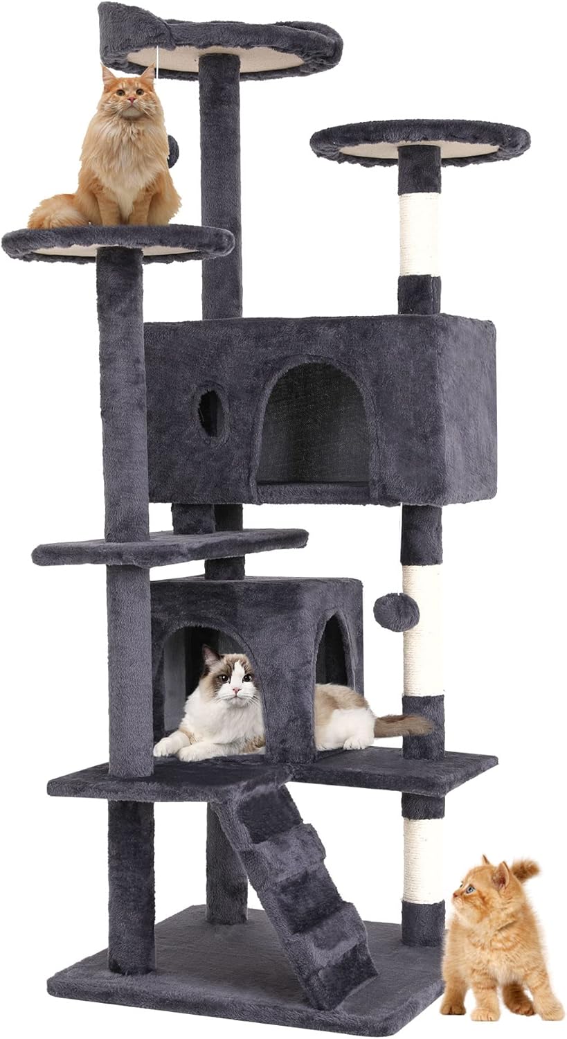 BestPet | 54" Cat Tree Tower | Dark Gray | Sturdy, Easy to Assemble, Multi-Level Activity Center with Sisal Scratching Posts, Condos, Perches, Hanging Cat Toys, Observation Decks & Ladder