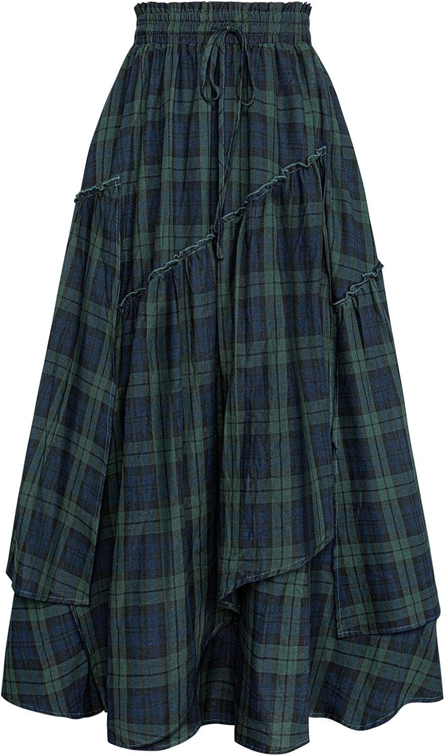 Women Plaid Skirt High Waist A Line Tiered Long Skirt with Pockets