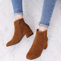 Suede Booties for Women Fall Winter Mid Block Heel Ankle Boots Women's Square Toe Chunky Heel Comfortable Short Boots Walking Shoes Fashion Classic Solid Side Zipper Heeled Booties