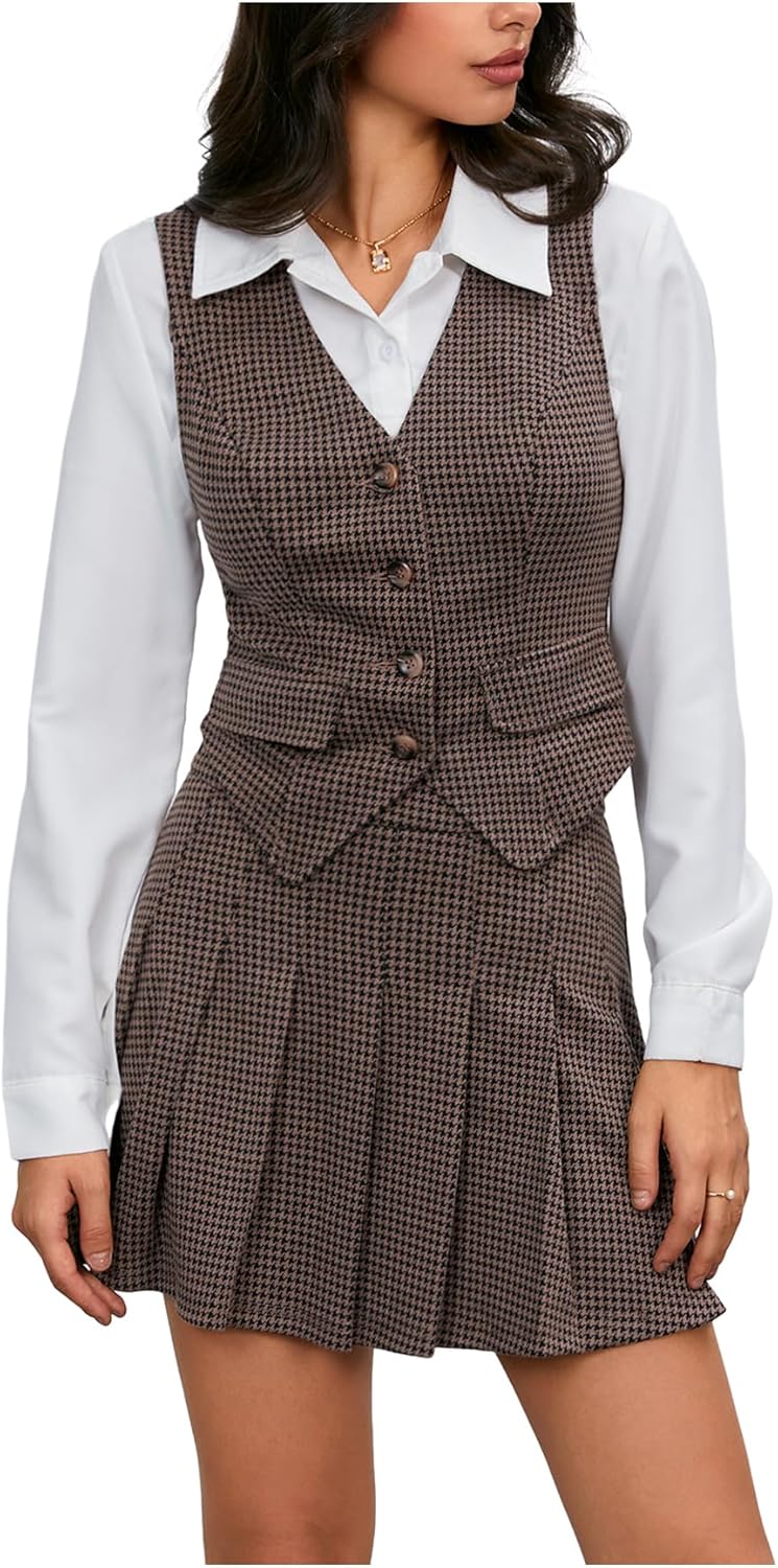 Milumia Women's 2 Piece Outfit Plaid Vest Blazer and Pleated Skirt Suit Sets
