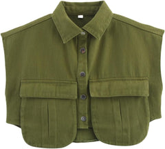 Perbai Womens Cropped Button Down Shirt Summer Collared Sleeveless Loose Denim Top with Pockets