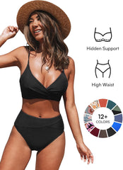 CUPSHE Women's Bikini Sets Two Piece Swimsuit High Waisted V Neck Twist Front Adjustable Spaghetti Straps Bathing Suit