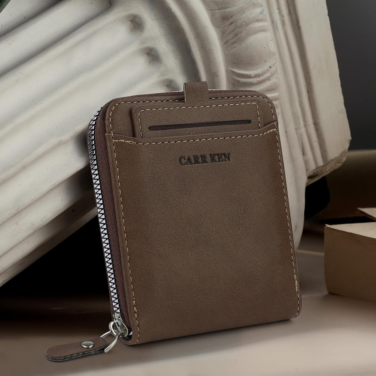 Men’s Wallets with Removable Badge Holder, Large Capacity Men Slim Wallet with Zipper Multi Slots and Coin Pocket (Brown)