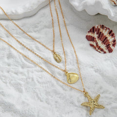 3PCS Gold Star Necklace Set, Layered Shell and Scallop Pendant Necklaces for Everyday Use, Adjustable Layered Jewelry for Women, Ocean-Inspired Accessories (Golden)