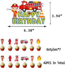 43 Fire Truck Cake Decoration Pack, 1 Fire Truck Happy Birthday Cake Topper 42 cupcake toppers, Fire Truck Party Decoration For Kids and Adult Birthday Firefighter Birthday Party Supplies