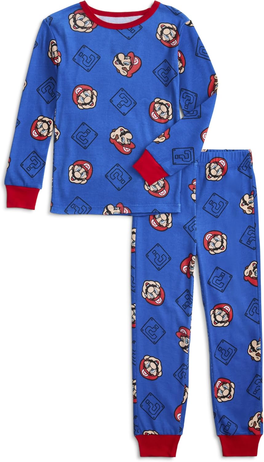 Nintendo Super Mario Boys Pajamas 2 Piece PJs Set Long Sleeve Top & Pants 100% Cotton Sleepwear for Kids & Teens