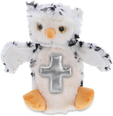 DolliBu White Owl Hand Puppet Stuffed Animal with Silver Cross and Personalization - Baptism Gifts for Boys and Girls, Dedication Christening Gifts Plush Prayer Toy Healing Teddy Bear - 9.5 Inch