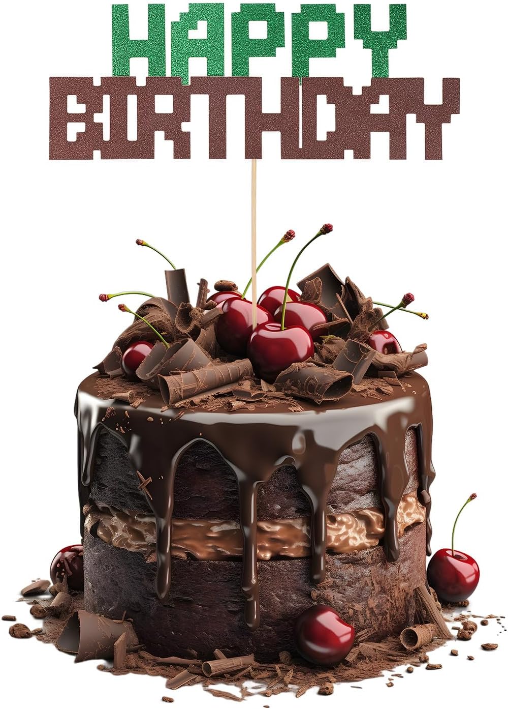 Happy Birthday Cake Topper, Green and Brown Cake Topper Cartoon Video Game Theme Decorations Easy to Use Party Supplies for Boy Girl Birthday Baby Shower