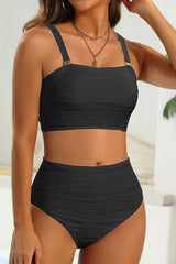 High Waisted Bandeau Bikini Set - Women Strapless Two Piece Swimsuits Ribbed Longline Full Coverage Bathing Suits Swimwear