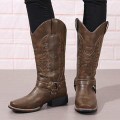 HINDOLA Mid Calf Cowboy Boots for Women Wide Calf Western Cowgirl Boot Square Toe Chunky Block Heel Classic Fashion Boots