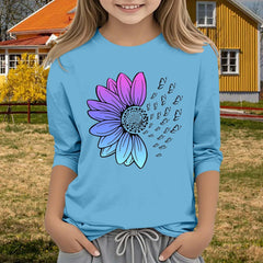 Girls Blue Tshirt Casual Solid Color Round Neck Seven Cuff T Shirt Top 3 13 Years Girls Blue Tshirt