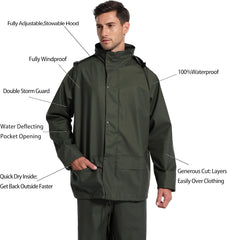 Men's Workwear PRO Rain Suit - Waterproof Jacket and Bib Pants 3-piece Set for Ultimate Safety and Comfort