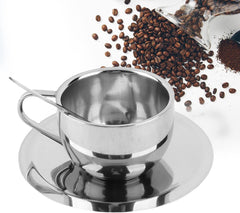 Stainless Steel Coffee Cups Set, 13.5x6cm/5.3x2.4in Espresso Cups with Spoon Saucer Set Anti Scald Reusable Decorative Latte Mugs for Household Cafe Office