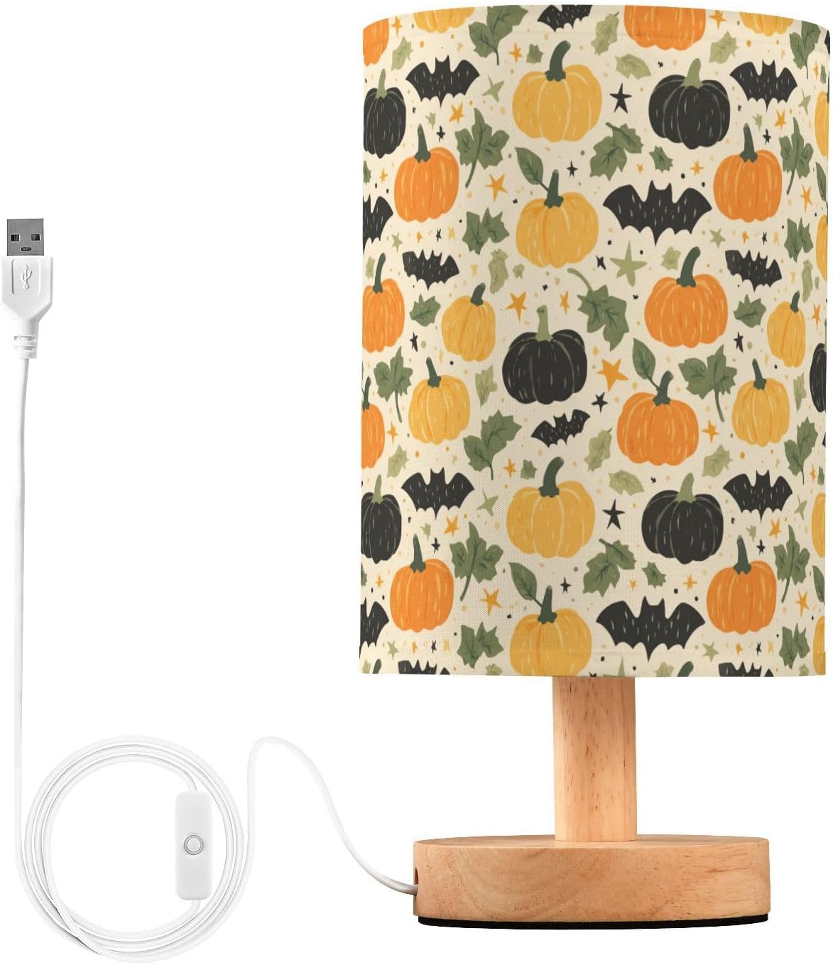 Cartoon Bats Pumpkin Bedside Table Lamp Small Desk Lamps Linen Fabric Shade Decorative Nightstand Lamp LED with USB Port Wood Base for Bedroom Living Room