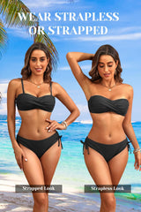 Women's Strapless Bandeau Bikini Set - Twist Front Two Piece Swimsuit Top with Side Tie Bathing Suit Bottom