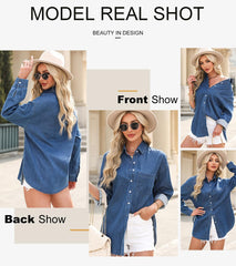 Astylish Women Denim Shirts Button Down Blouse V Neck Casual Tops