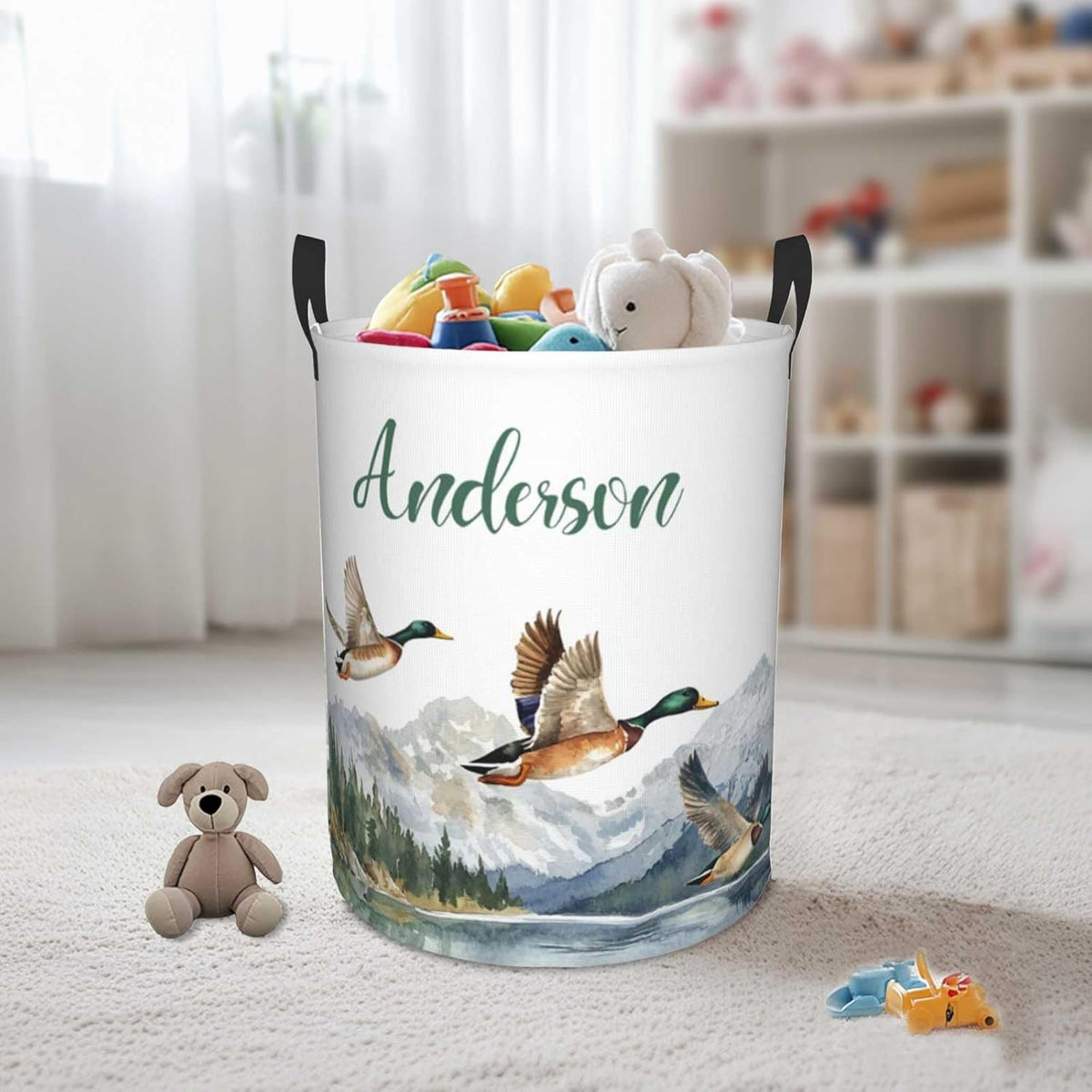 Personalized Laundry Basket for Nursery, Custom Nursery Laundry Hamper with Name, Customize Mallard Duck Baby Clothes Circular Hamper for Boys Girls Room Decor