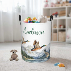 Personalized Laundry Basket for Nursery, Custom Nursery Laundry Hamper with Name, Customize Mallard Duck Baby Clothes Circular Hamper for Boys Girls Room Decor