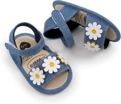 Generic Infant Boys Girls Open Toe Denim Shoes First Walke𝐫 Shoes Summer Sandals with Flower Newborn Crib Dress Shoes