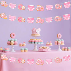 JOYMEMO 3 Pieces Donuts and Diapers Baby Shower Banners Pink, Donuts and Diapers Decorations for Girls, Sweet Doughnut Theme Baby Shower Party Supplies