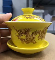 Porcelain Kung Fu Tea Cup and Saucer with Lid, Chinese Traditional Gaiwan Sancai Tea Bowl Tea Set Dragon Pattern (Black)