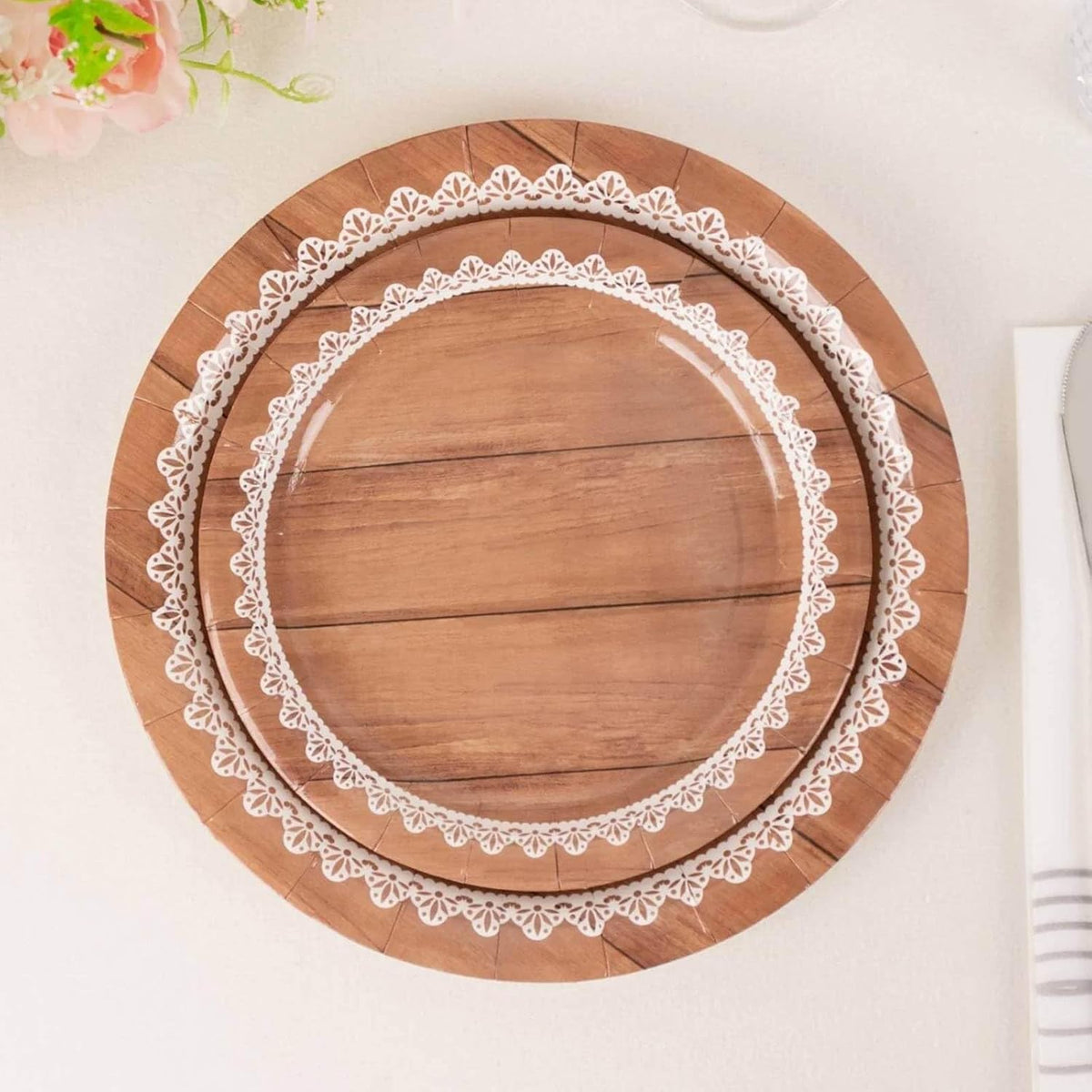 Efavormart 25 Pack White Brown Wood Grain Print Paper Dinner Plates With Floral Lace Rim, Round Disposable Party Plates - 7"