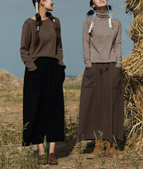 Women's Maxi Wool Skirt with Pockets Elastic High Waist Drawstrings Autumn Winter Pleated Midi Skirt